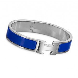 Hermes Royal Blue Enamel Clic H Narrow Bracelet in White Gold