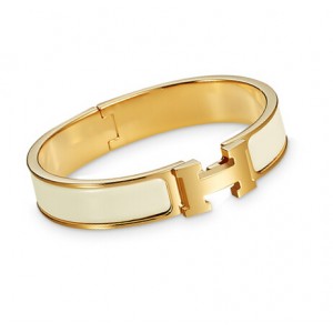 Hermes White Enamel Clic H Narrow Bracelet in Yellow Gold 