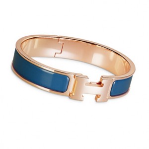 Hermes Turquin Blue Enamel Clic H Narrow Bracelet in Rose Gold