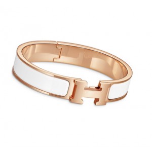 Hermes White Enamel Clic H Narrow Bracelet in Rose Gold
