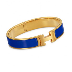 Hermes Royal Blue Enamel Clic H Narrow Bracelet in Yellow Gold 