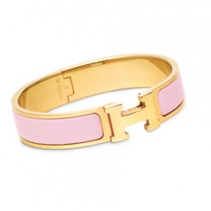Hermes Pink Enamel Clic H Narrow Bracelet in Yellow Gold 