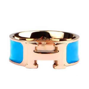 Hermes Blue Enamel Clic H Ring Pink Gold