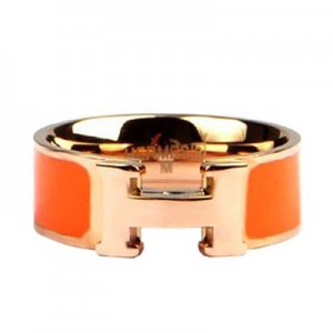 Hermes Orange Enamel Clic H Ring Pink Gold