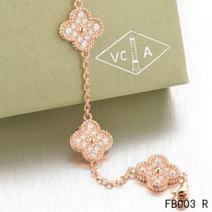 Van Cleef & Arpels Vintage Alhambra Bracelet Pink Gold with 5 Diamond Motifs