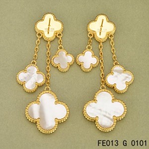 Van Cleef & Arpels Yellow Gold Magic Alhambra Earclips,White Mother of Pearl 4 Motifs 