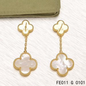 Van Cleef and Arpels Yellow Gold Magic Alhambra 2 Motifs Earclips White Mother of Pearl