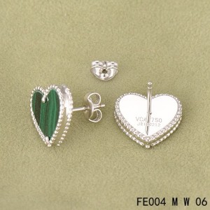 Van Cleef and Arpels Sweet Alhambra Heart Earstuds White Gold Malachite