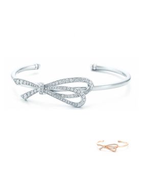 Tiffany Bow Cuff White Gold Plated Diamonds Elegant Bowknot Sterling Silver Bangle GRP09535/GRP08653