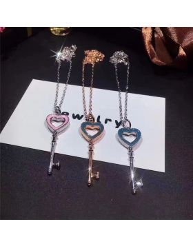 Tiffany Keys Edge Studded Blue/Pink Enamel Heart Key Pendant Necklace Romantic Style Girls Gift 