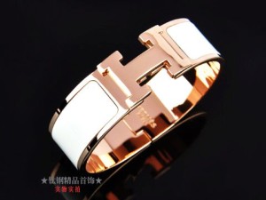 Hermes Clic H Wide Bracelet, White Enamel, 18kt Pink Gold