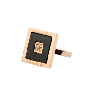 Bvlgari Square Ring in 18kt Pink Gold with Black Onyx and Pave D