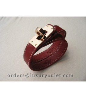 Hermes Kelly Dog Double Red Leather Bracelet,Rose Gold Hardware