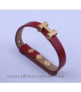 Hermes Red Leather With Pink Gold H Logo Charm Bracelet