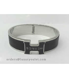 Hermes Clic Clac H Bracelet in 18kt White Gold with Black Leather,Narrow