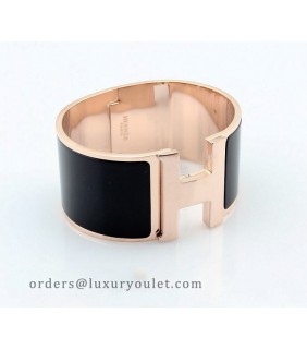 Hermes Clic Clac H Bracelet Black Enamel & 18kt Pink Gold,Wide