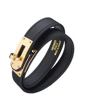 Hermes Kelly Double Tour Yellow Gold Plated Turnlock Black Leather Bracelet On Sale Couple Style