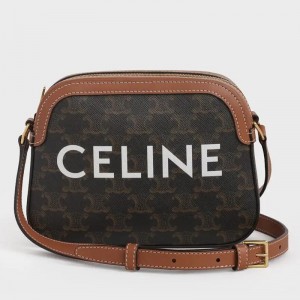 Celine Small Camera Logo Print Bag With Tan Leather Trim