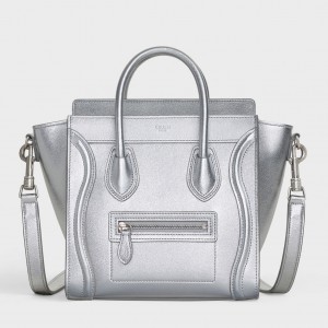 Celine Nano Luggage Bag In Silver Laminated Lambskin
