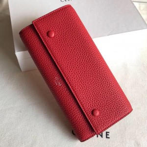 Celine Large Flap Multifunction Wallet In Red Grained Leather