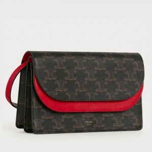 Celine Wallet On Strap In Triomphe Canvas And Red Lambskin 
