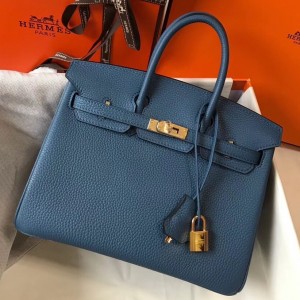 Hermes Birkin 25cm Bag In Blue Agate Clemence Leather