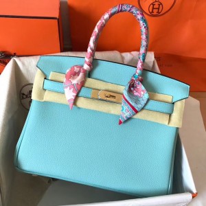 Hermes Blue Atoll Birkin 30cm Clemence Handmade Bag