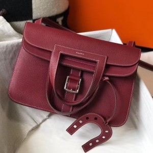 Hermes Halzan Bag In Bordeaux Clemence Leather