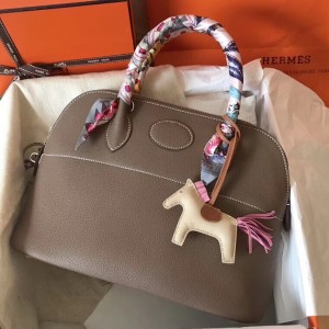 Hermes Taupe Clemence Bolide 31cm Handmade Bag