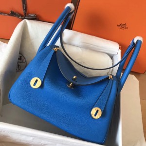 Hermes Blue Zanzibar Lindy 26cm Clemence Handmade Bag