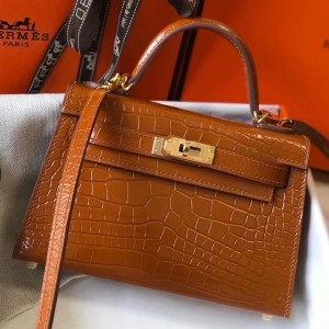 Hermes Kelly Mini II Bag In Brown Crocodile Embossed Leather