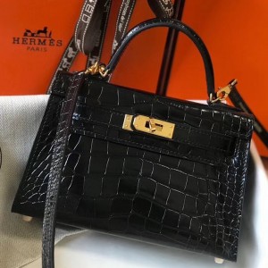 Hermes Kelly Mini II Bag In Black Crocodile Embossed Leather