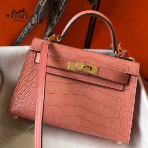 Hermes Kelly Mini II Bag In Pink Crocodile Embossed Leather