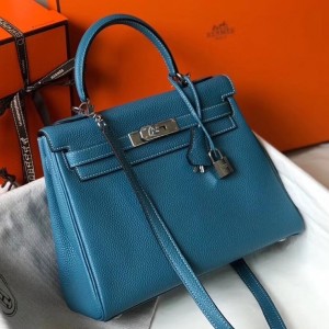 Hermes Blue Jean Clemence Kelly 25cm PHW Bag