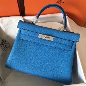 Hermes Blue Zanzibar Clemence Kelly 28cm Handmade Bag