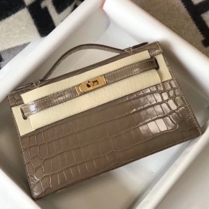 Hermes Kelly Pochette Bag In Taupe Embossed Crocodile Leather