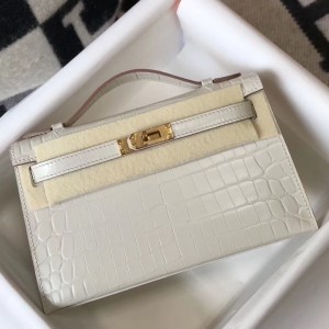 Hermes Kelly Pochette Bag In White Embossed Crocodile Leather