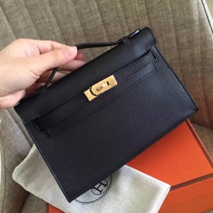 Hermes Black Kelly Pochette Epsom Handmade Bag