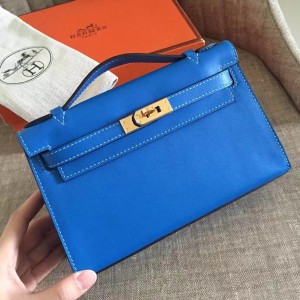 Hermes Blue Kelly Pochette Swift Handmade Bag