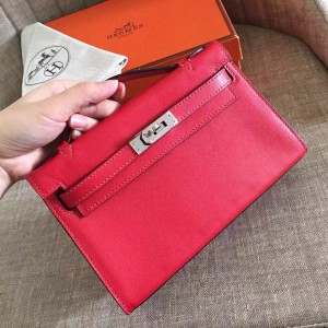 Hermes Red Kelly Pochette Swift Handmade Bag