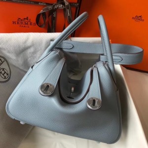 Hermes Lindy 30cm Bag In Blue Lin Clemence Leather
