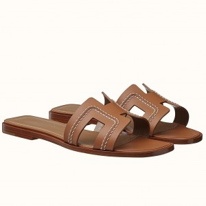 Hermes Oran Sandals In Brown Leather With Stitched Detail