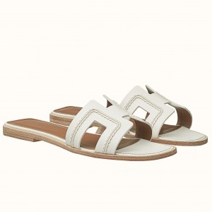 Hermes Oran Sandals In White Leather With Stitched Detail