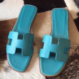 Hermes Oran Sandals In Blue Paon Epsom Leather