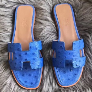 Hermes Oran Sandals In Blue Hydra Ostrich Leather