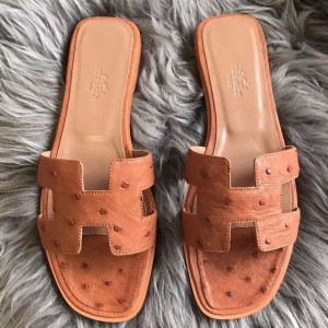 Hermes Oran Sandals In Brown Ostrich Leather