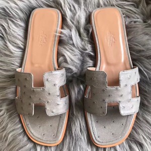 Hermes Oran Sandals In Grey Ostrich Leather