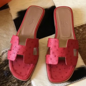 Hermes Oran Sandals In Red Ostrich Leather