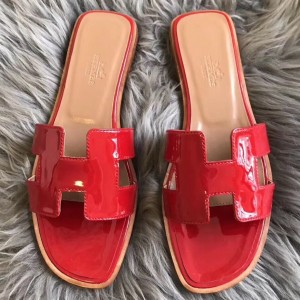 Hermes Oran Sandals In Red Patent Leather