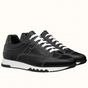 Hermes Trail Sneakers In Noir Calfskin Leather